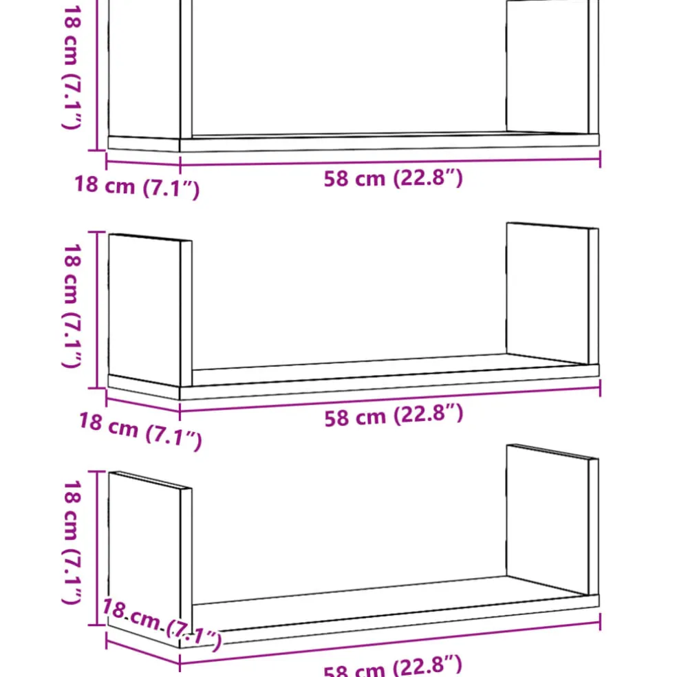 vidaXL Wandschappen 3 st 58x18x18 cm bewerkt hout wit