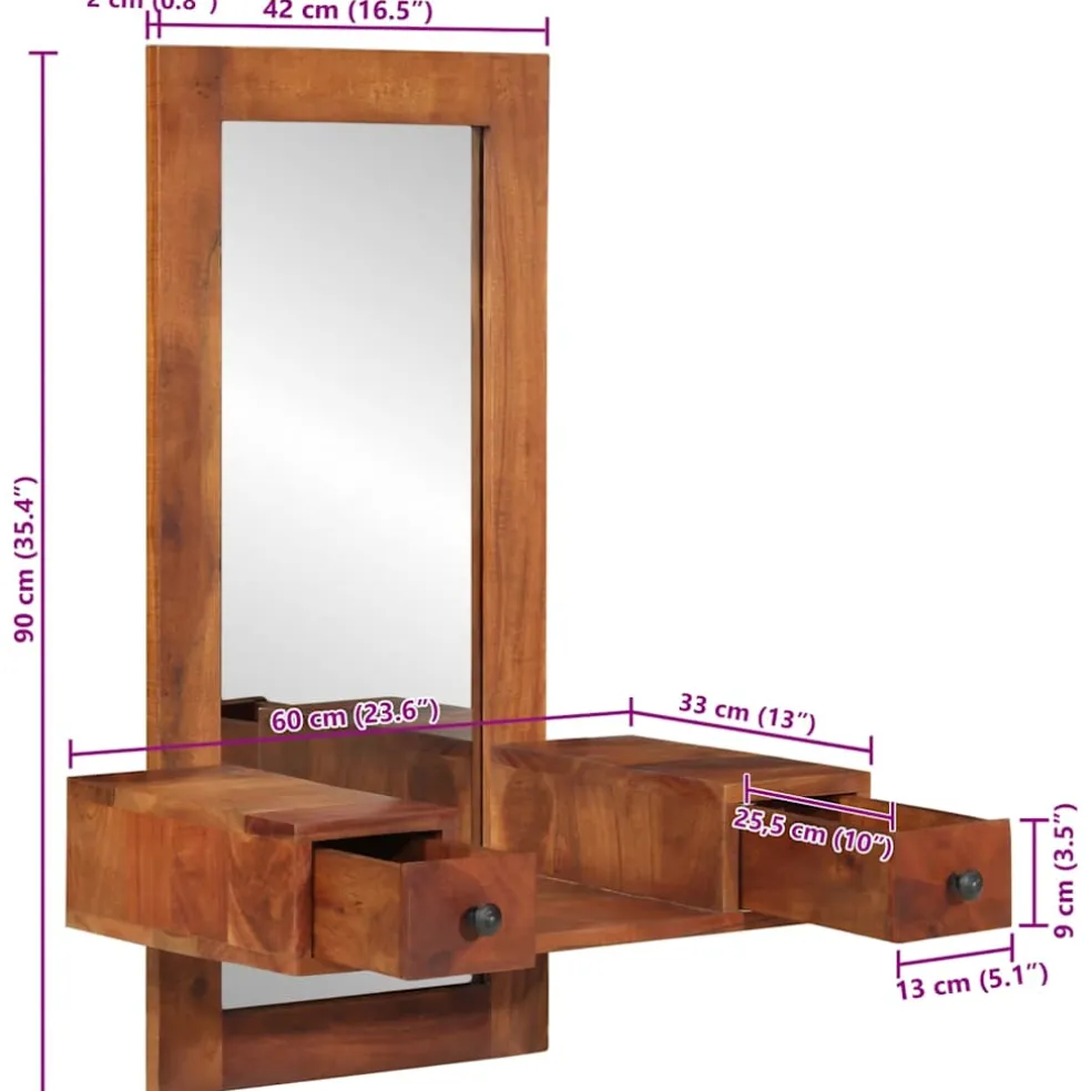vidaXL Wandspiegel met lades 60x33x90 cm massief acaciahout