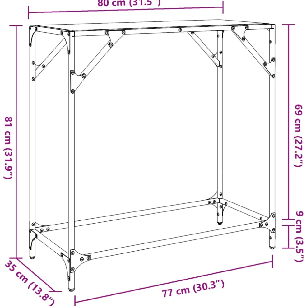 vidaXL Wandtafel met zwart glazen blad 80x35x81 cm staal