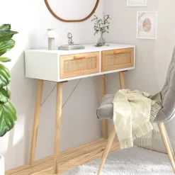 vidaXL Wandtafel 80x30x75 cm massief grenenhout en natuurlijk rattan