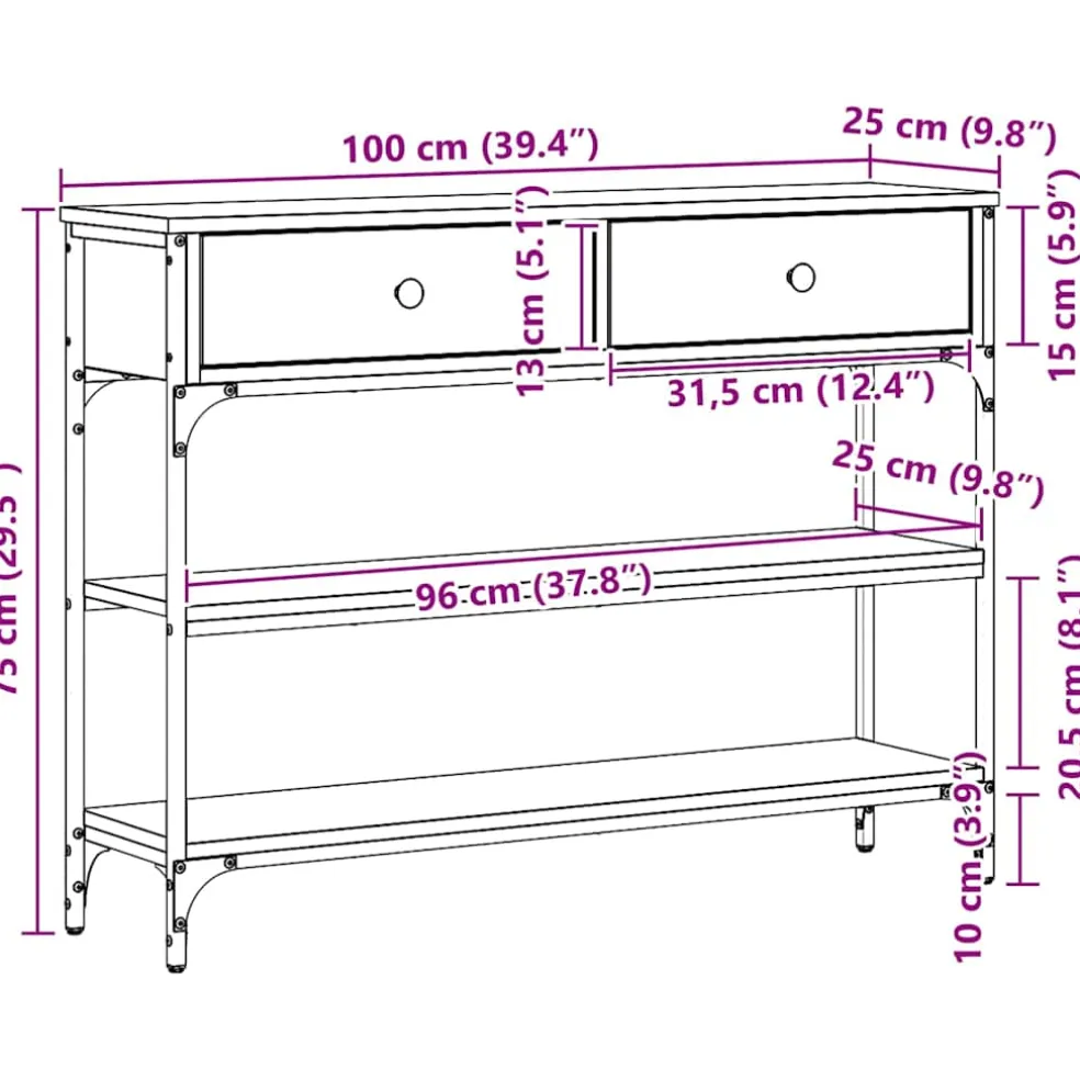 vidaXL Wandtafel Zwart Eiken 100 x 25 x 75 cm Bewerkt hout