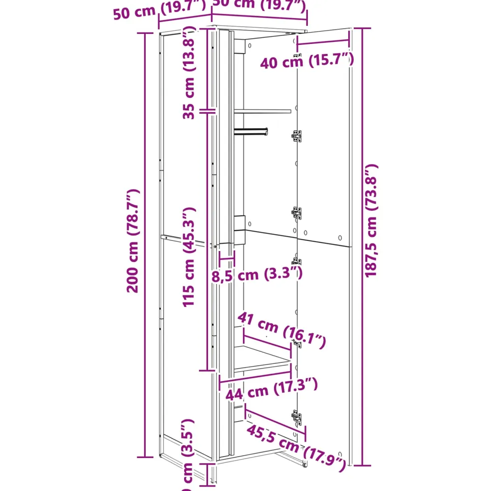 vidaXL Warderobe Zwart Eiken 50 x 50 x 200 cm Bewerkt hout