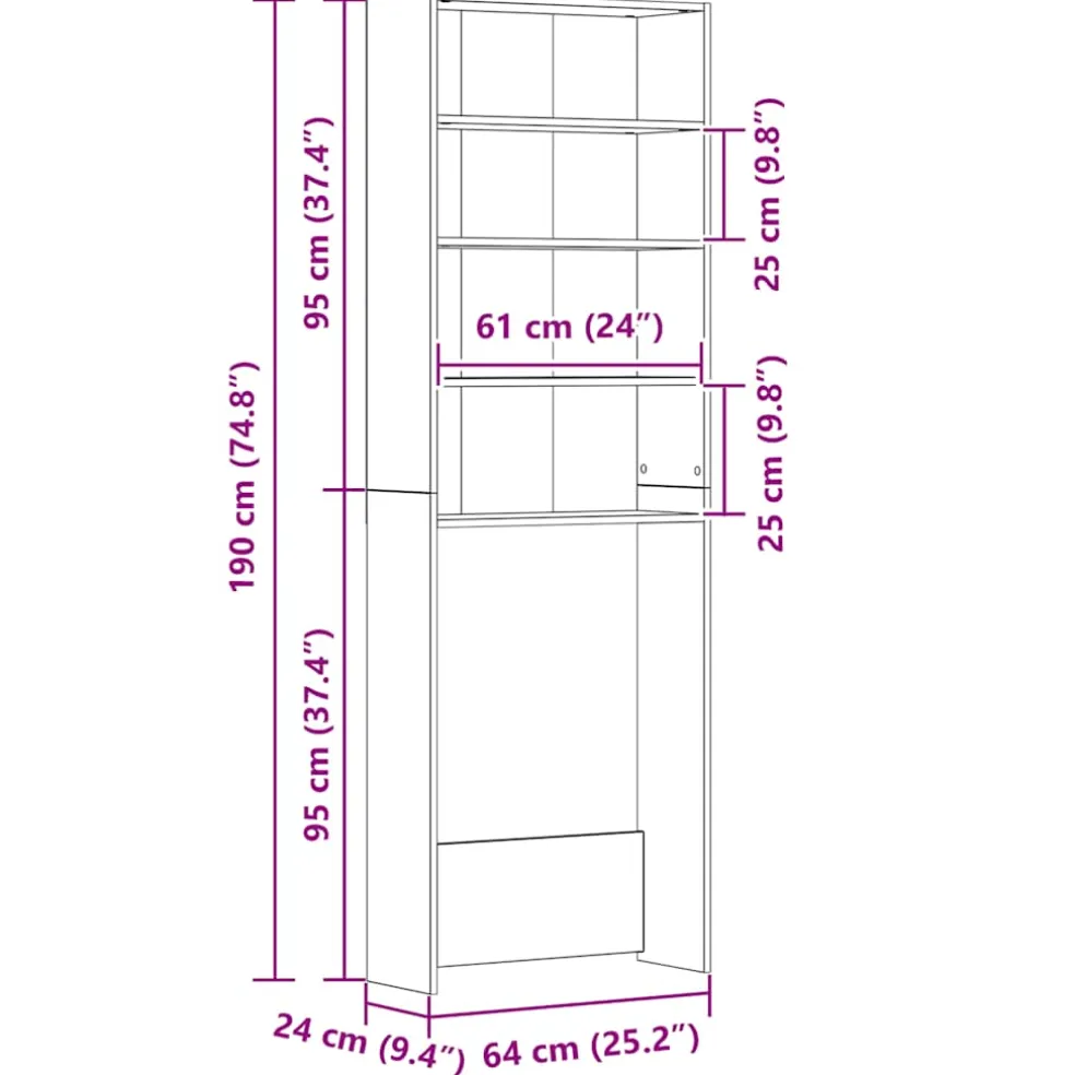 vidaXL Wasmachinekast 64x24x190 cm grijs sonoma eikenkleurig