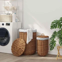 vidaXL Wasmand met deksel GENDT 2 st Natuurlijk Bruin Kubu Rattan
