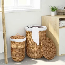 vidaXL Wasmand met deksel GENDT 2 st Natuurlijk Bruin Kubu Rattan