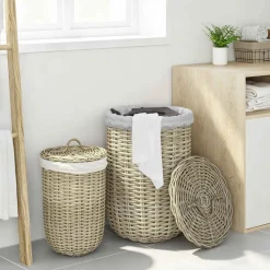 vidaXL Wasmand met deksel GENDT 2 st Natuurlijk grijs Kubu Rattan