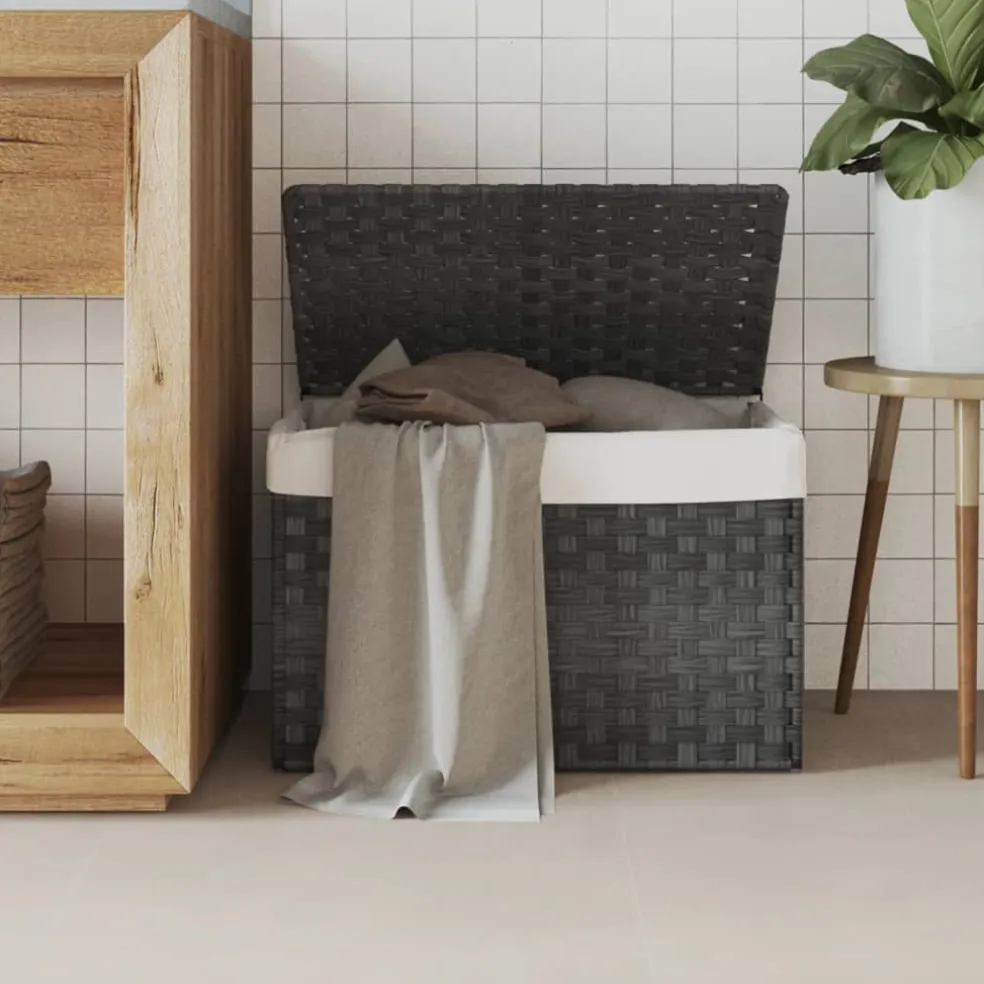 vidaXL Wasmand met deksel 55,5x35x34 cm poly rattan grijs