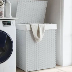 vidaXL Wasmand met deksel 46x33x60 cm poly rattan wit