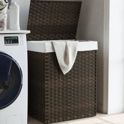 vidaXL Wasmand met deksel 46x33x60 cm poly rattan donkerbruin