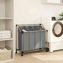 vidaXL Wasmand met wielen 4 vakken grijs