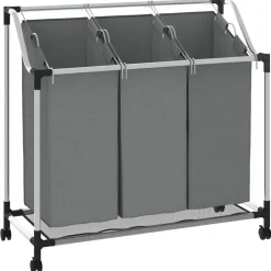 vidaXL Wasmand met wielen 3 vakken grijs