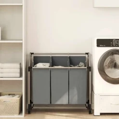 vidaXL Wasmand met wielen 3 vakken grijs