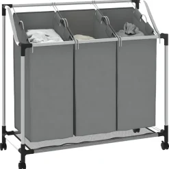 vidaXL Wasmand met wielen 3 vakken grijs