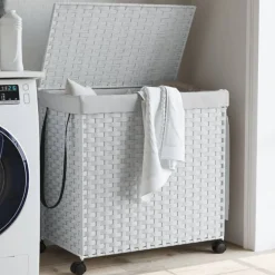 vidaXL Wasmand op wielen 60x35x60,5 cm rattan wit