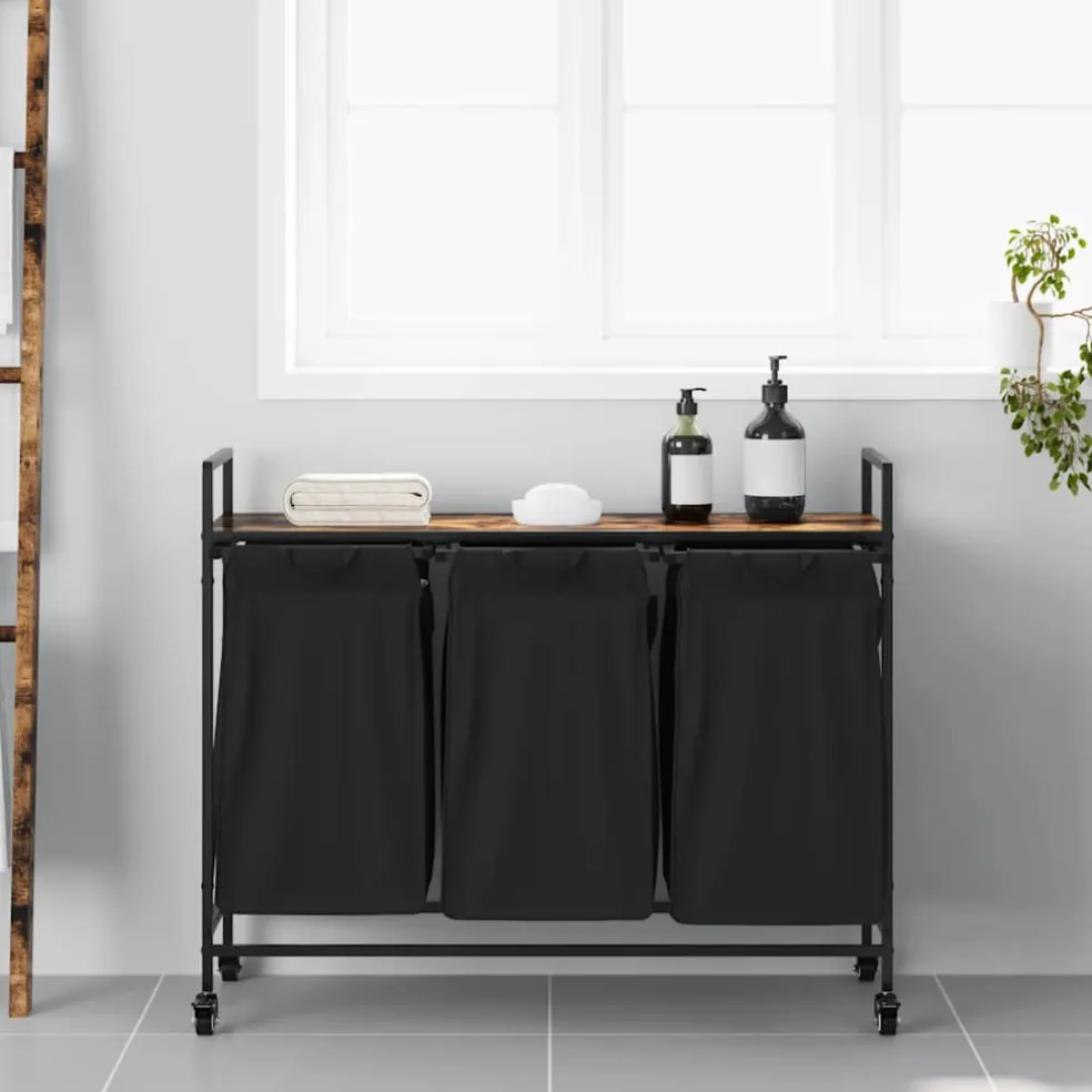 vidaXL Wasmand 3 vakken met planken gerookt eikenkleurig