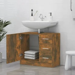 vidaXL Wastafelkast 63x30x54 cm bewerkt hout gerookt eikenkleurig