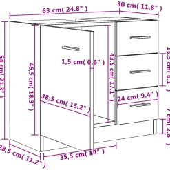 vidaXL Wastafelkast 63x30x54 cm bewerkt hout gerookt eikenkleurig