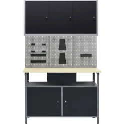 vidaXL Werkbank met drie wandpanelen en een kast