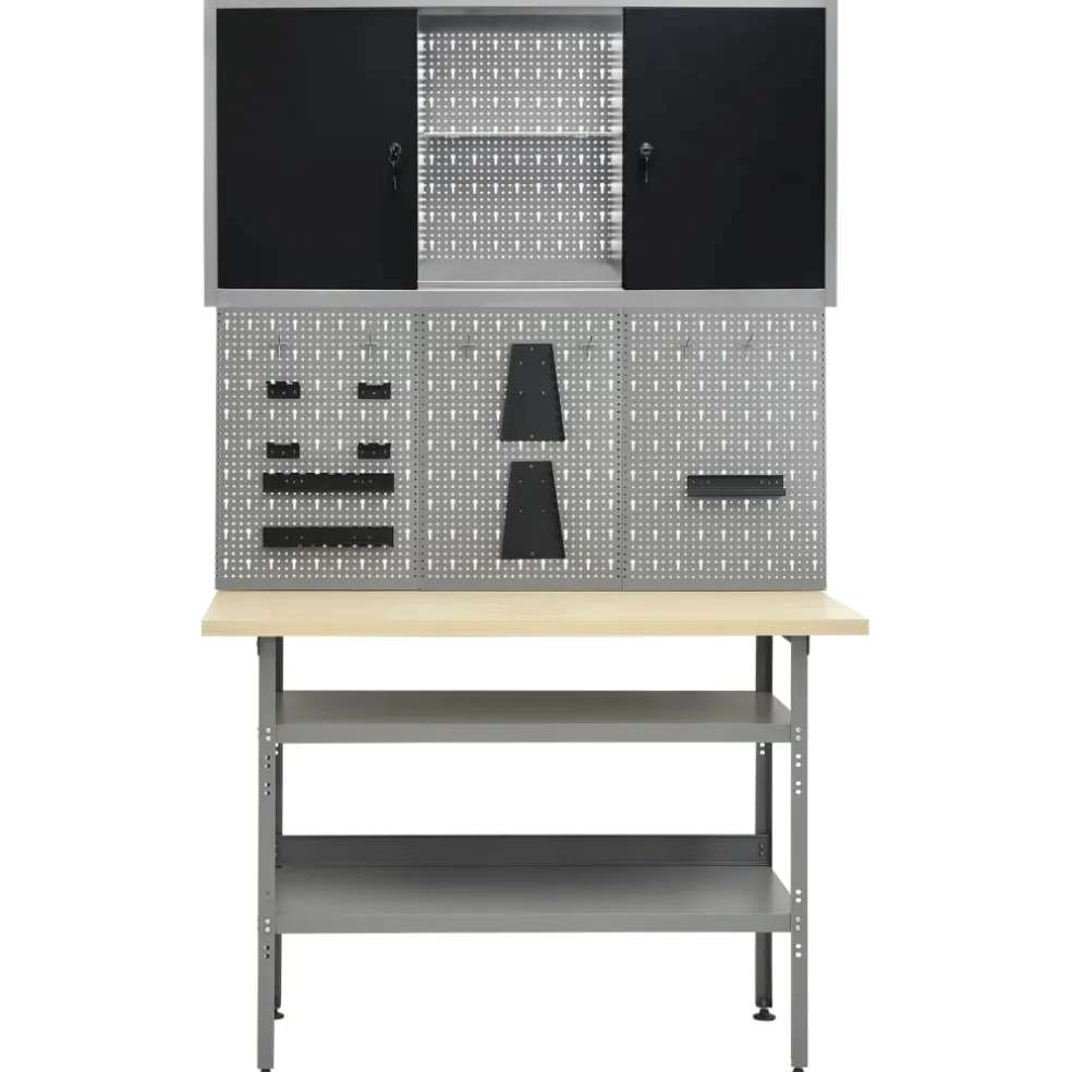 vidaXL Werkbank met drie wandpanelen en een kast