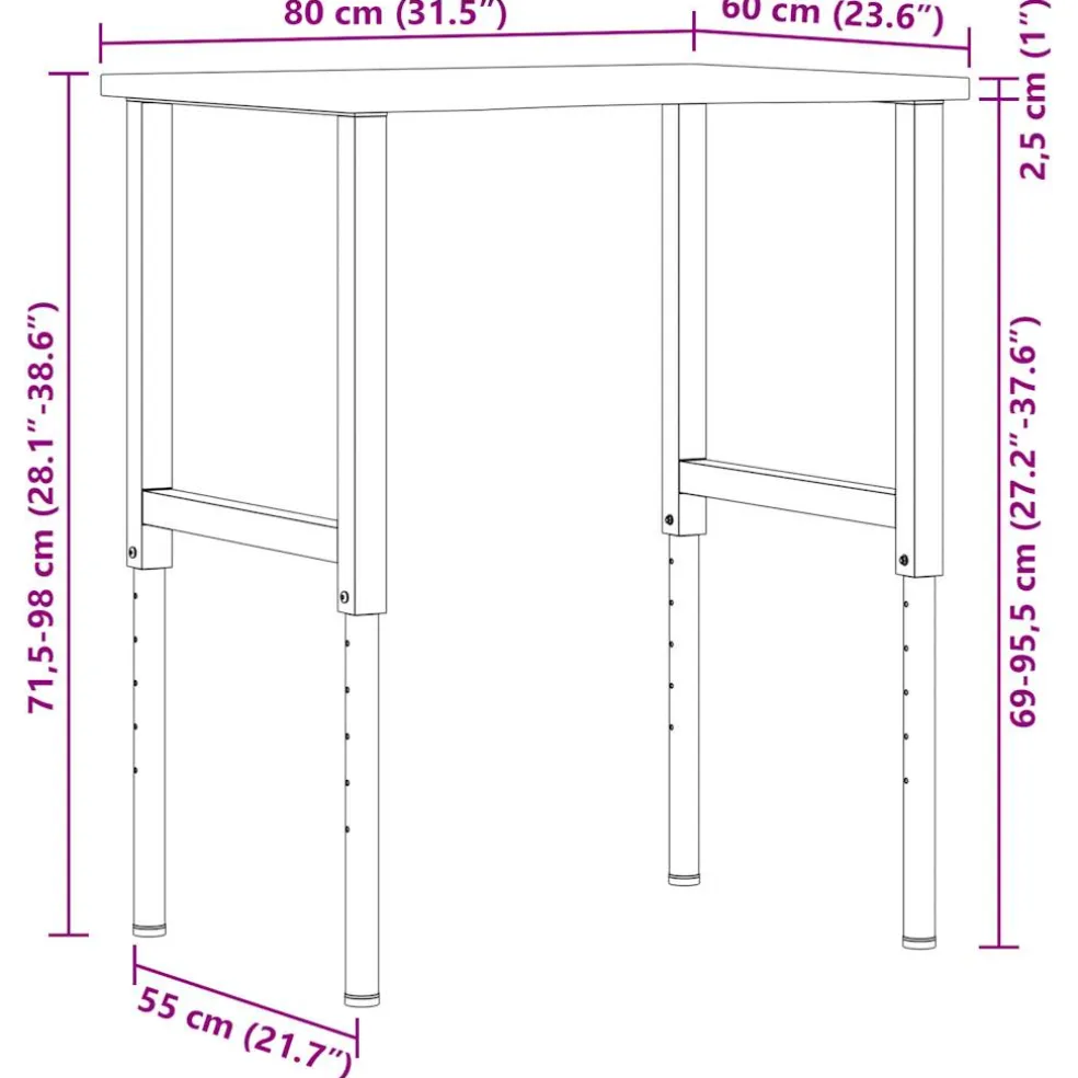vidaXL Werkbank 80x60x(71,5-98) cm eikenhout donkerbruin