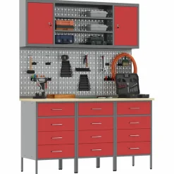 vidaXL Werk kast met lade met plank 7 st Rood Engineered hout en staal