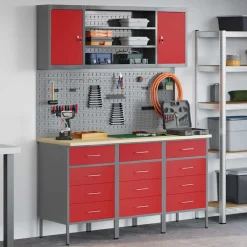 vidaXL Werk kast met lade met plank 7 st Rood Engineered hout en staal