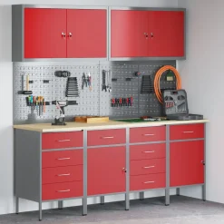 vidaXL Werk kast met lade met slot 10 st Rood Engineered hout en staal