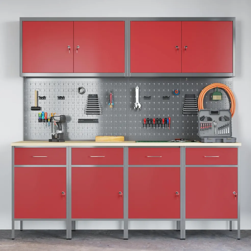 vidaXL Werk kast met lade met slot 10 st Rood Engineered hout en staal