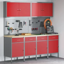 vidaXL Werk kast met lade met slot 10 st Rood Engineered hout en staal