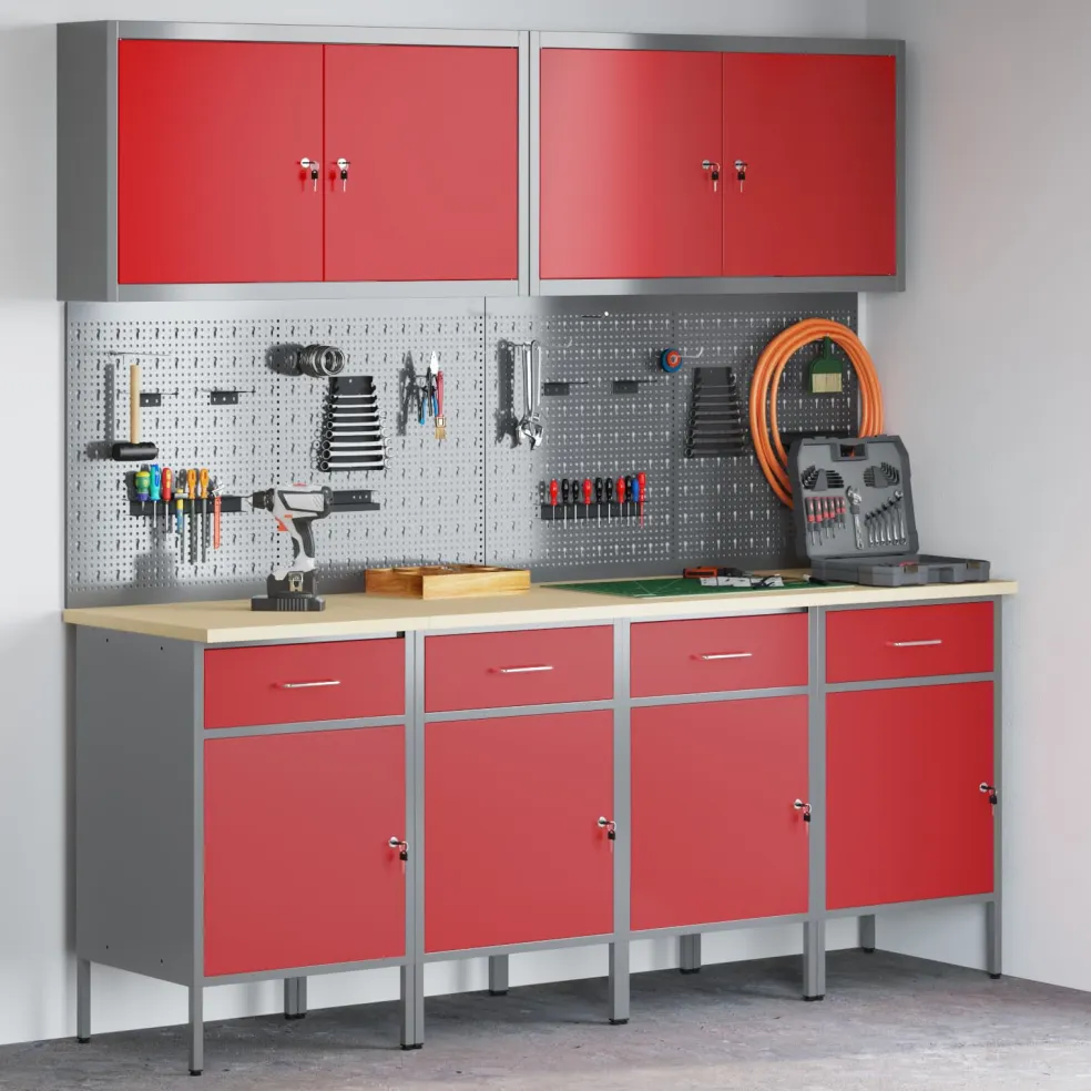vidaXL Werk kast met lade met slot 10 st Rood Engineered hout en staal