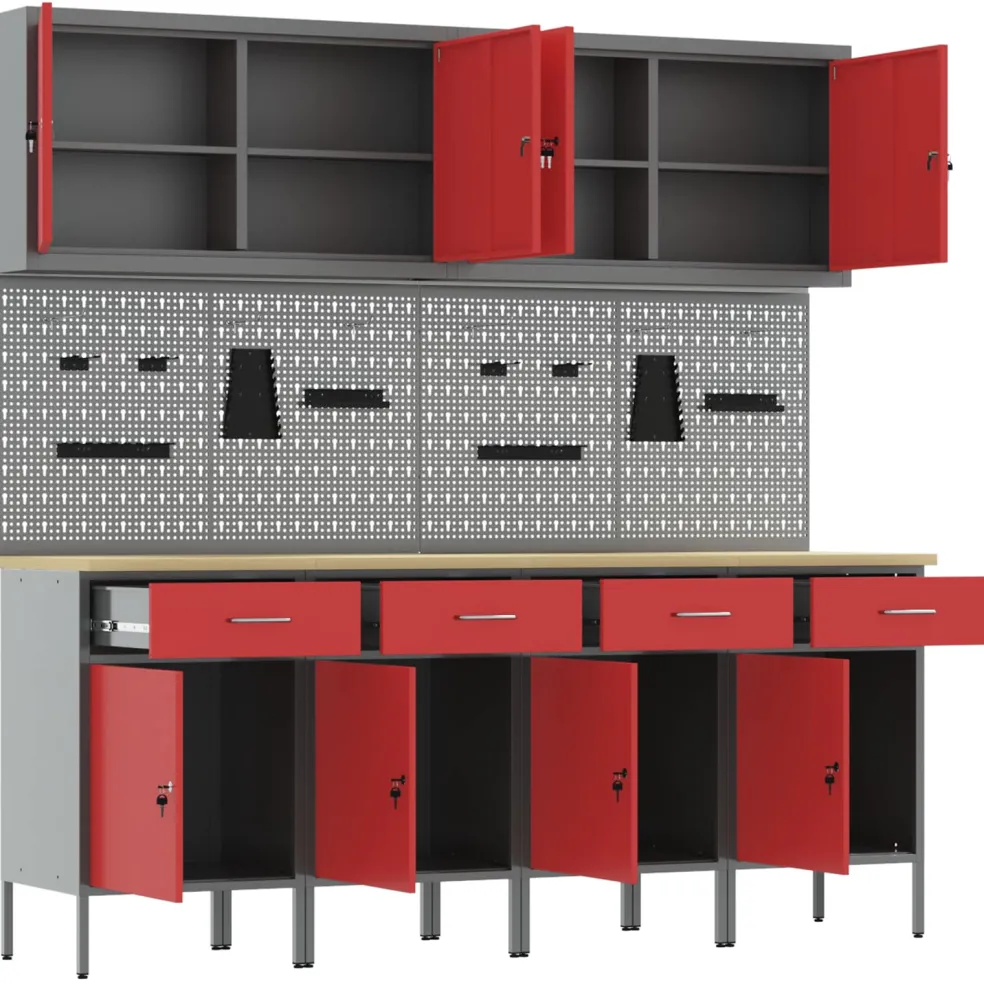 vidaXL Werk kast met lade met slot 10 st Rood Engineered hout en staal