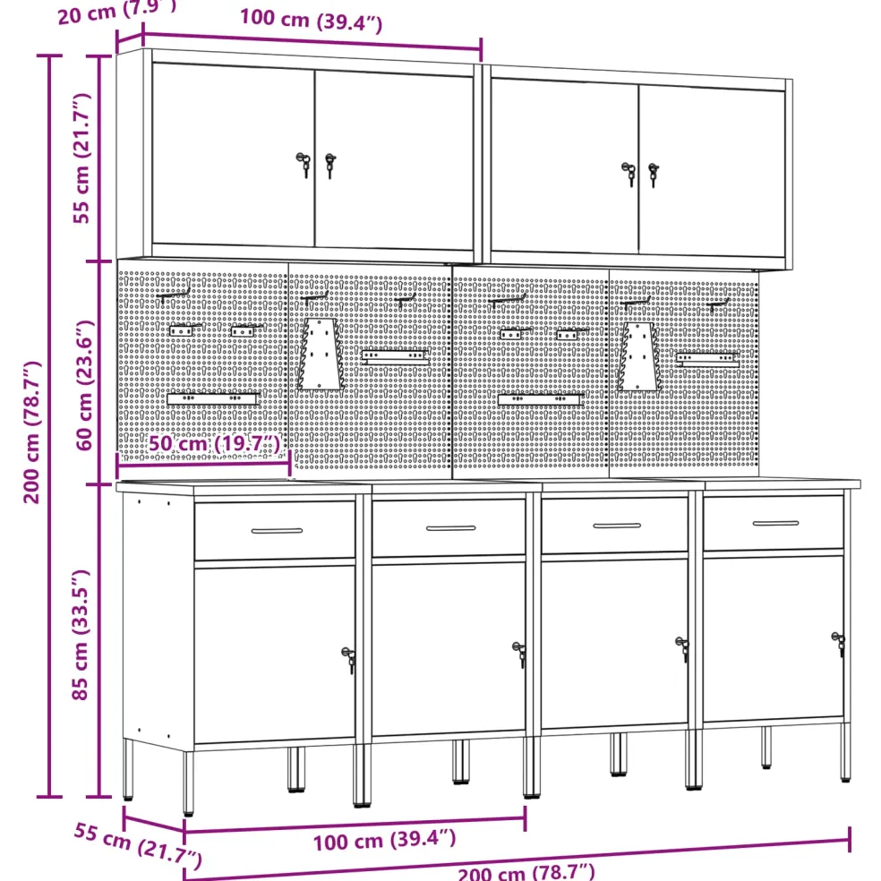 vidaXL Werk kast met lade met slot 10 st Rood Engineered hout en staal