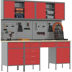 vidaXL Werk kast met lade met slot 10 st Rood Engineered hout en staal