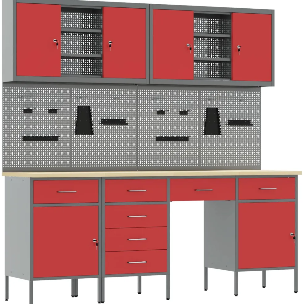 vidaXL Werk kast met lade met slot 10 st Rood Engineered hout en staal