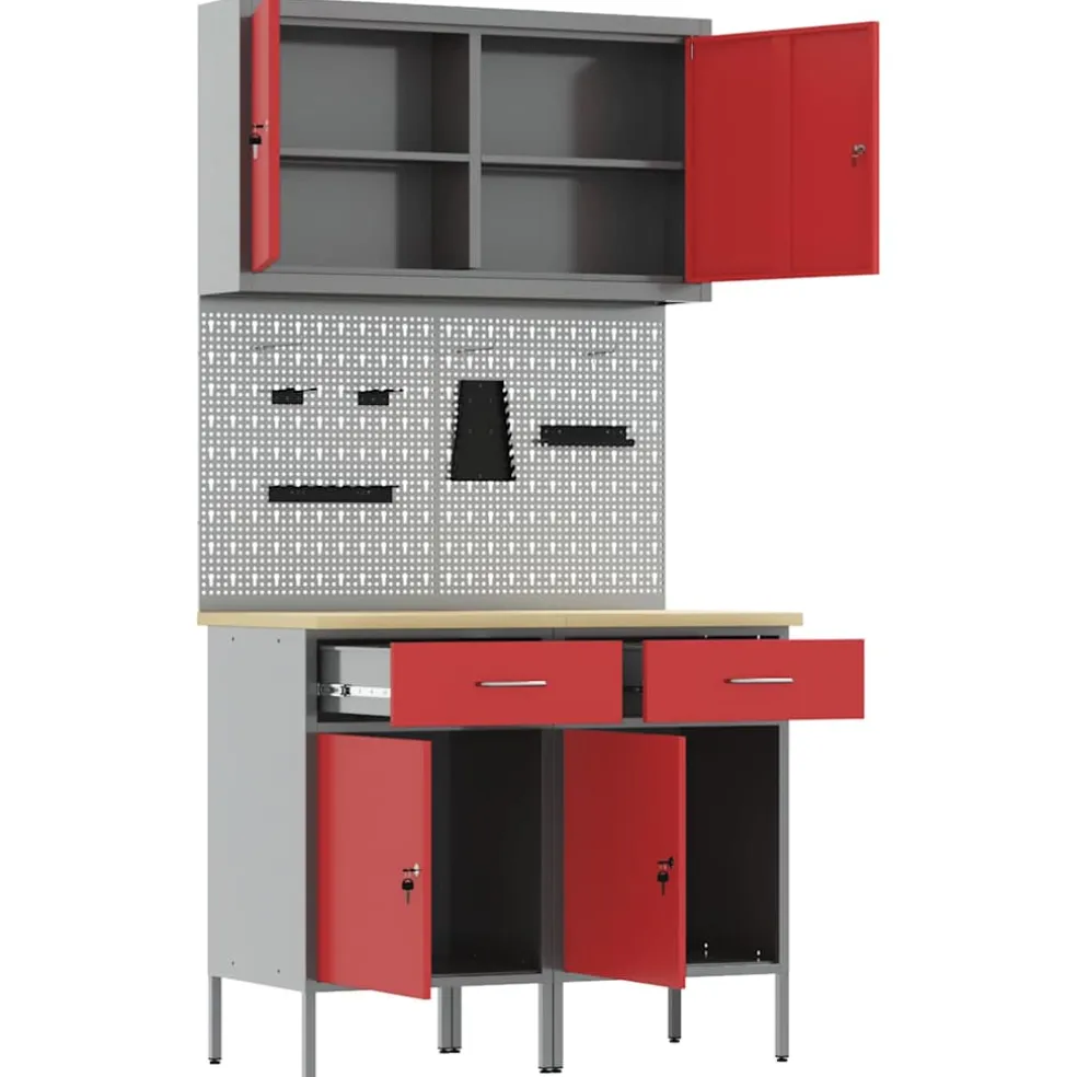 vidaXL Werk kast met lade met slot 5 st Rood Engineered hout en staal