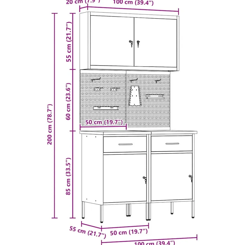vidaXL Werk kast met lade met slot 5 st Rood Engineered hout en staal
