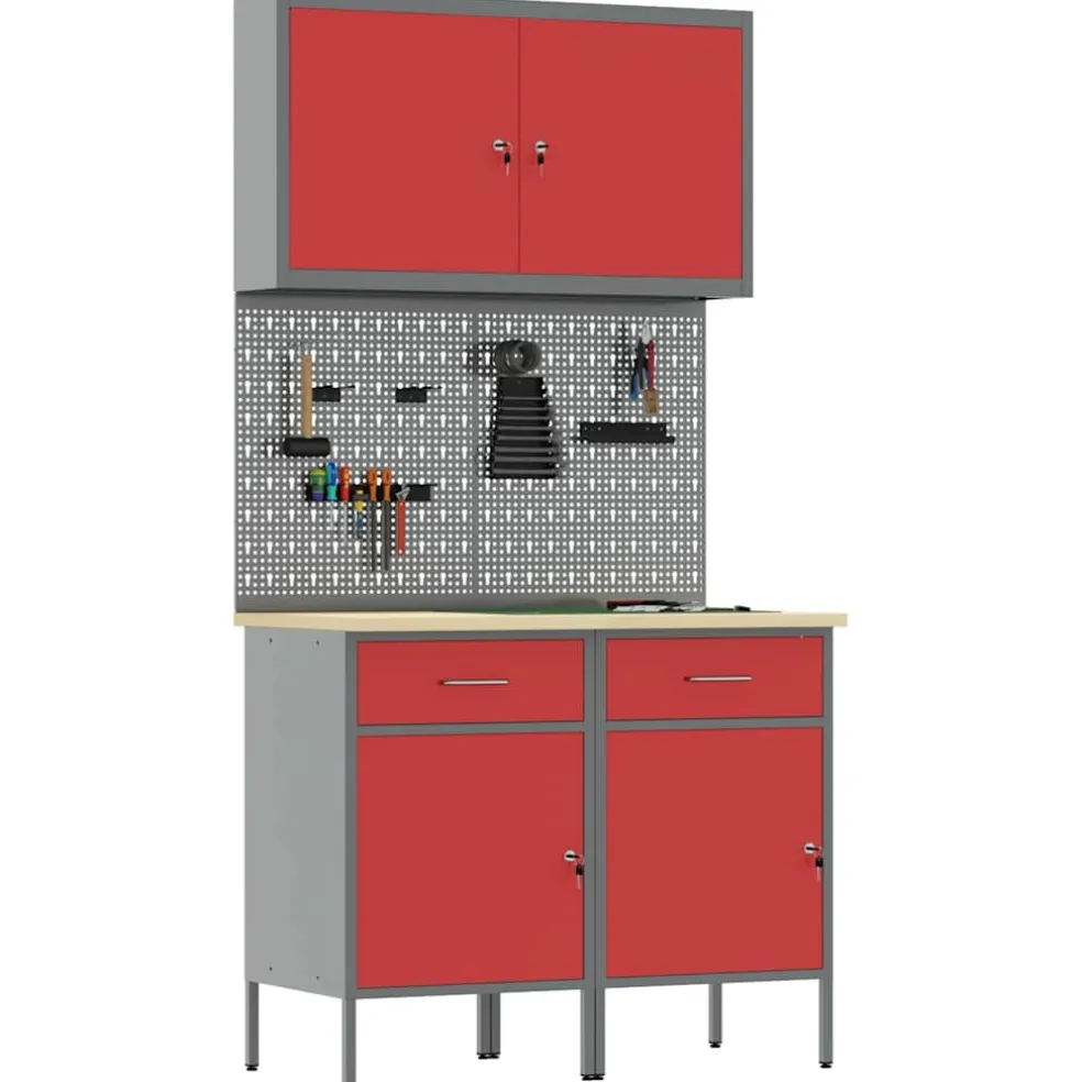 vidaXL Werk kast met lade met slot 5 st Rood Engineered hout en staal