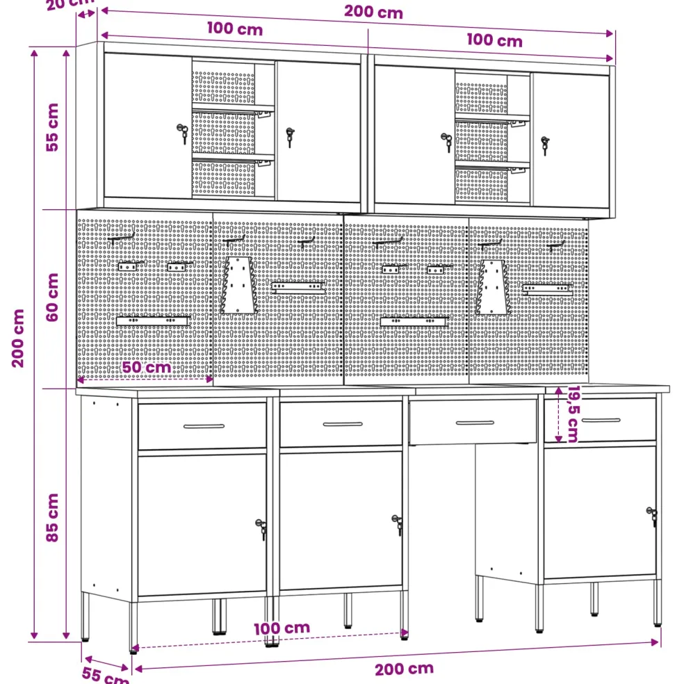 vidaXL Werk kast met lade met slot 10 st Rood Engineered hout en staal