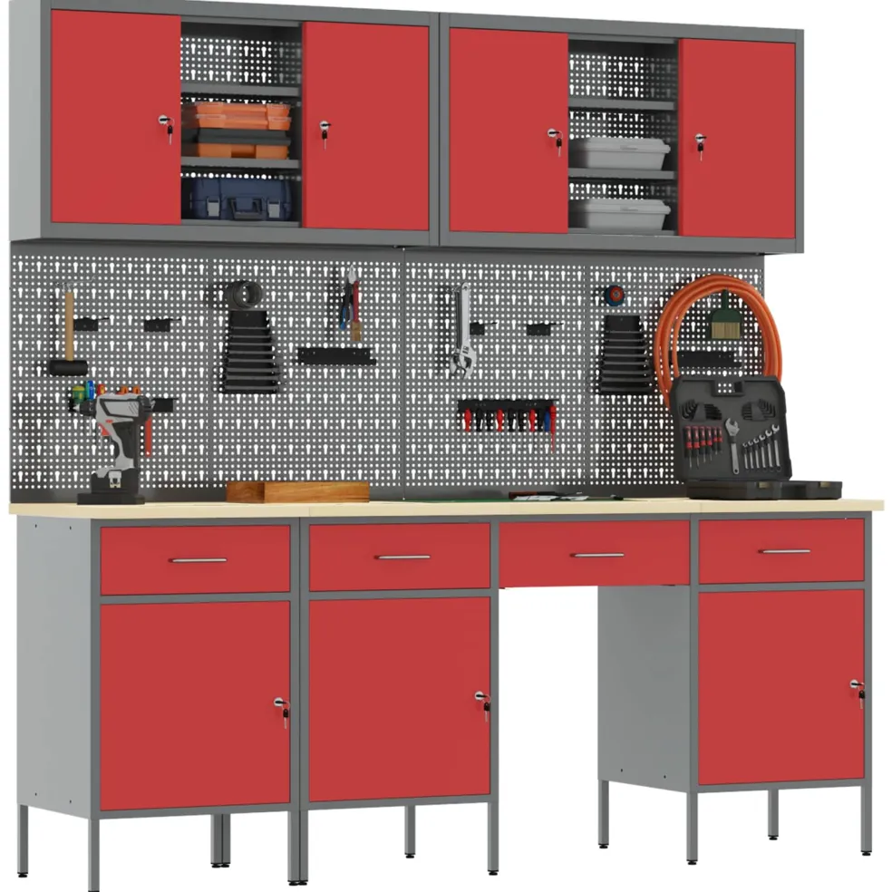 vidaXL Werk kast met lade met slot 10 st Rood Engineered hout en staal