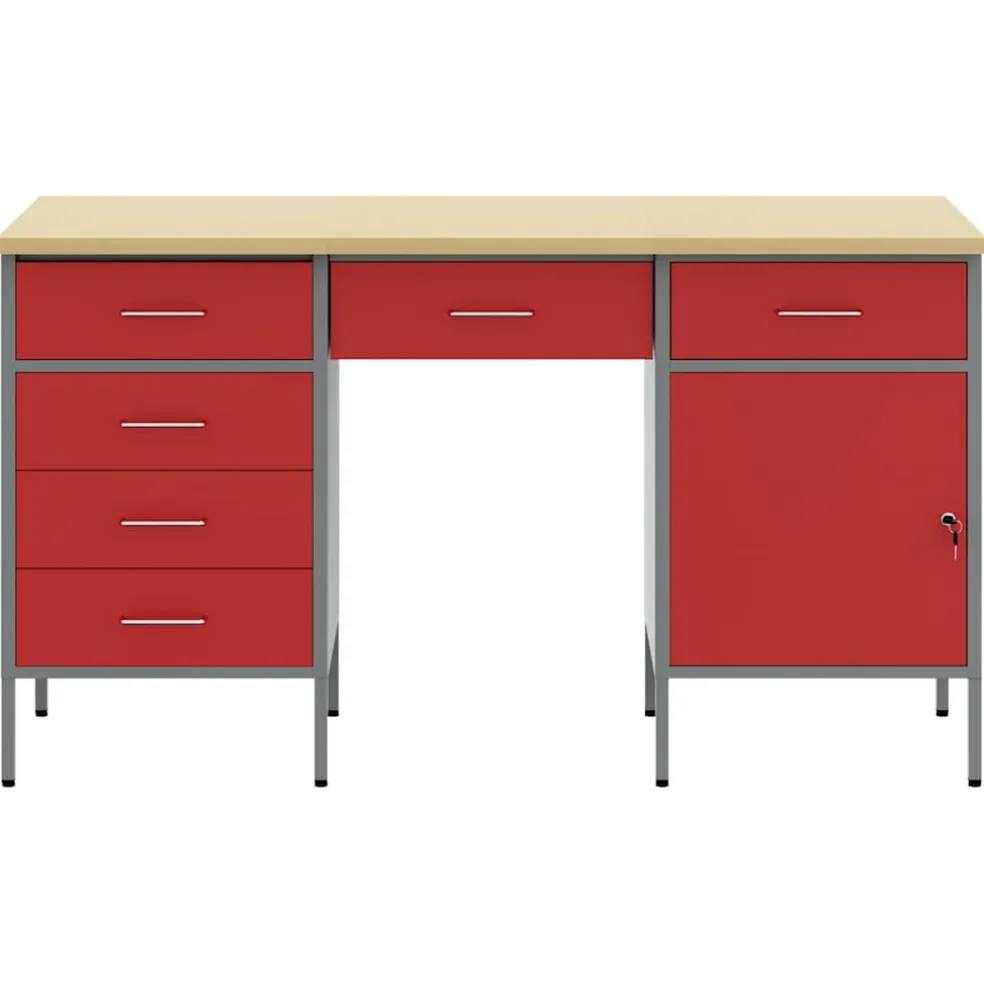 vidaXL Werk kast met lade met slot 3 st Rood Engineered hout en staal