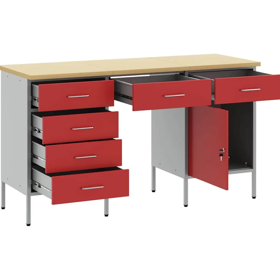 vidaXL Werk kast met lade met slot 3 st Rood Engineered hout en staal