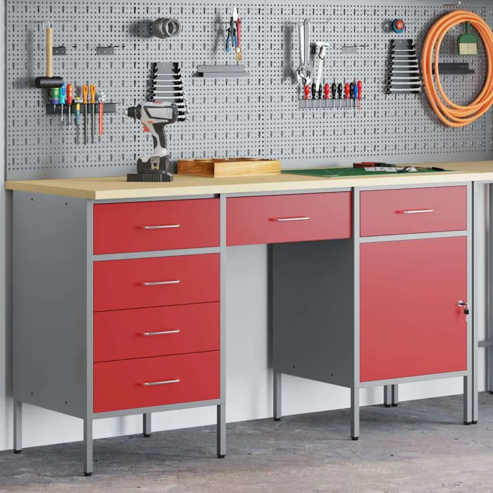 vidaXL Werk kast met lade met slot 3 st Rood Engineered hout en staal