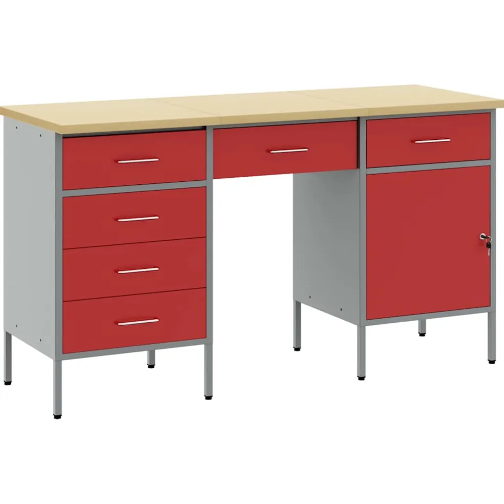 vidaXL Werk kast met lade met slot 3 st Rood Engineered hout en staal