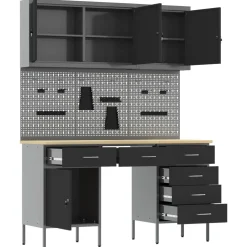 vidaXL Werk kast met lade met slot 8 st Zwart Engineered hout en staal