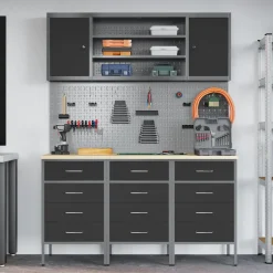 vidaXL Werk kast met lade met slot 7 st Zwart Engineered hout en staal