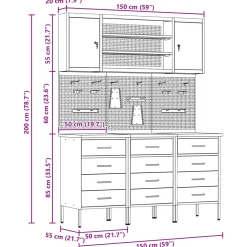 vidaXL Werk kast met lade met slot 7 st Zwart Engineered hout en staal