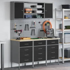 vidaXL Werk kast met lade met slot 7 st Zwart Engineered hout en staal