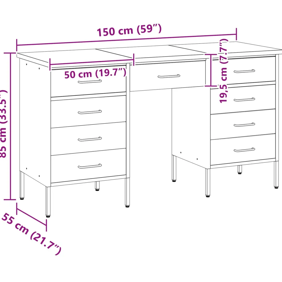 vidaXL Werk kast met lade met slot 3 st Zwart Engineered hout en staal