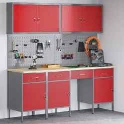 vidaXL Werk kast met lade met slot 10 st Rood Engineered hout en staal