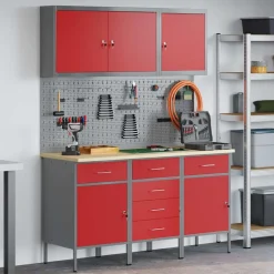 vidaXL Werk kast met lade 8 st Rood en Grijs Engineered hout en staal